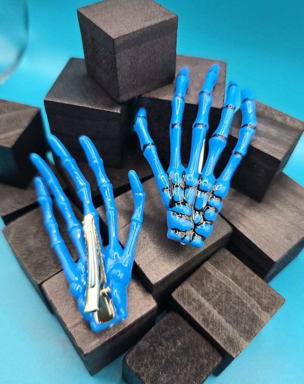 Blue Skeleton Hand Hair Clips Set of 2 Gothic Halloween Bone Accessories